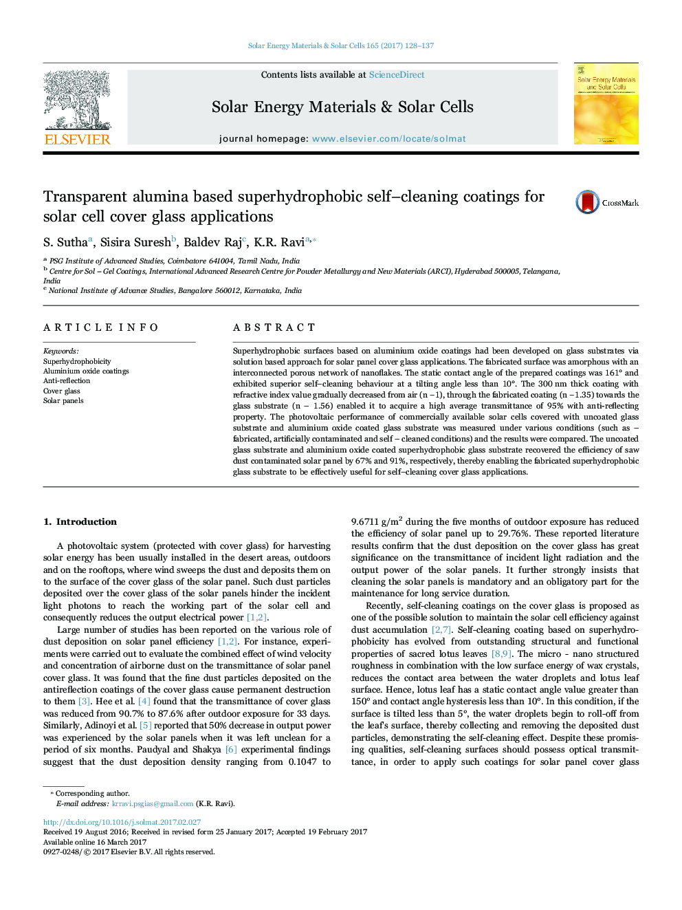 Transparent alumina based superhydrophobic self-cleaning coatings for solar cell cover glass applications