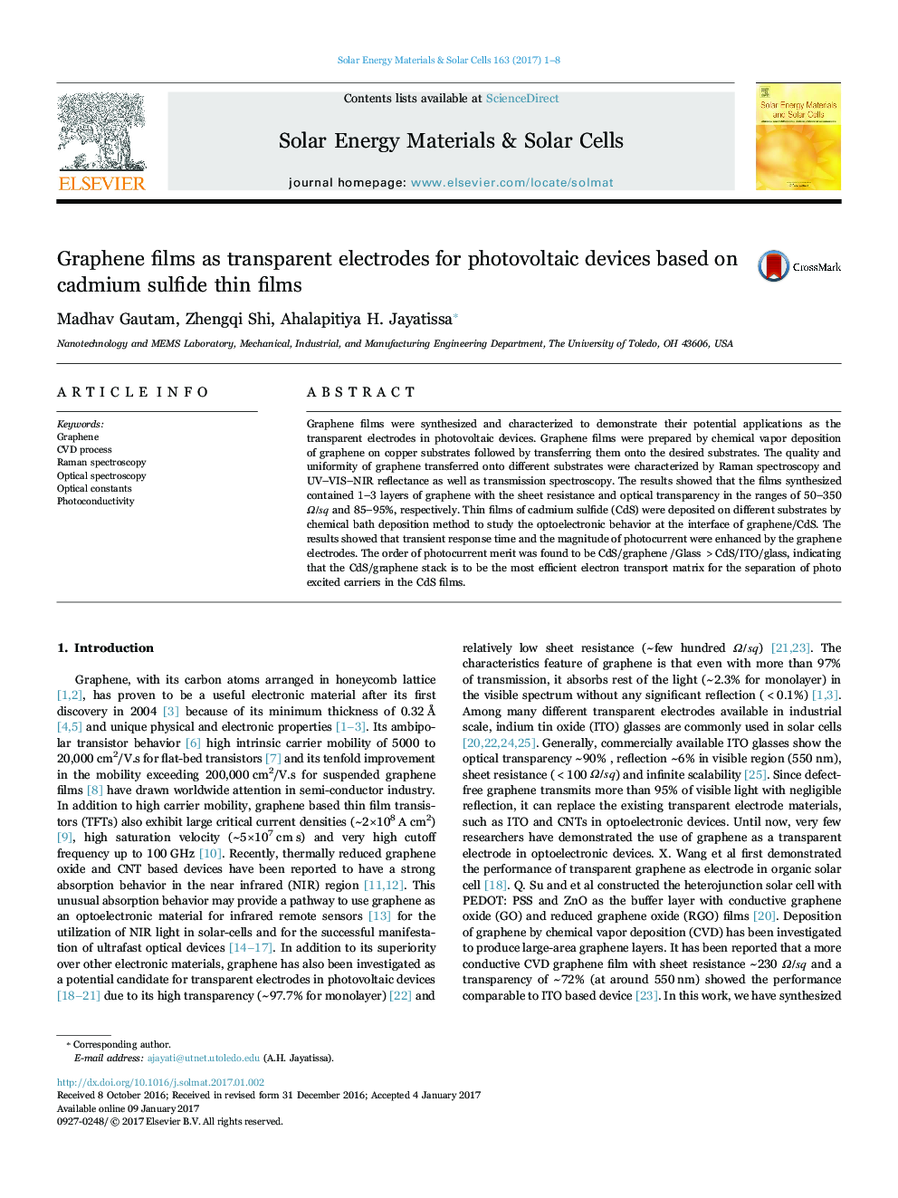 Graphene films as transparent electrodes for photovoltaic devices based on cadmium sulfide thin films