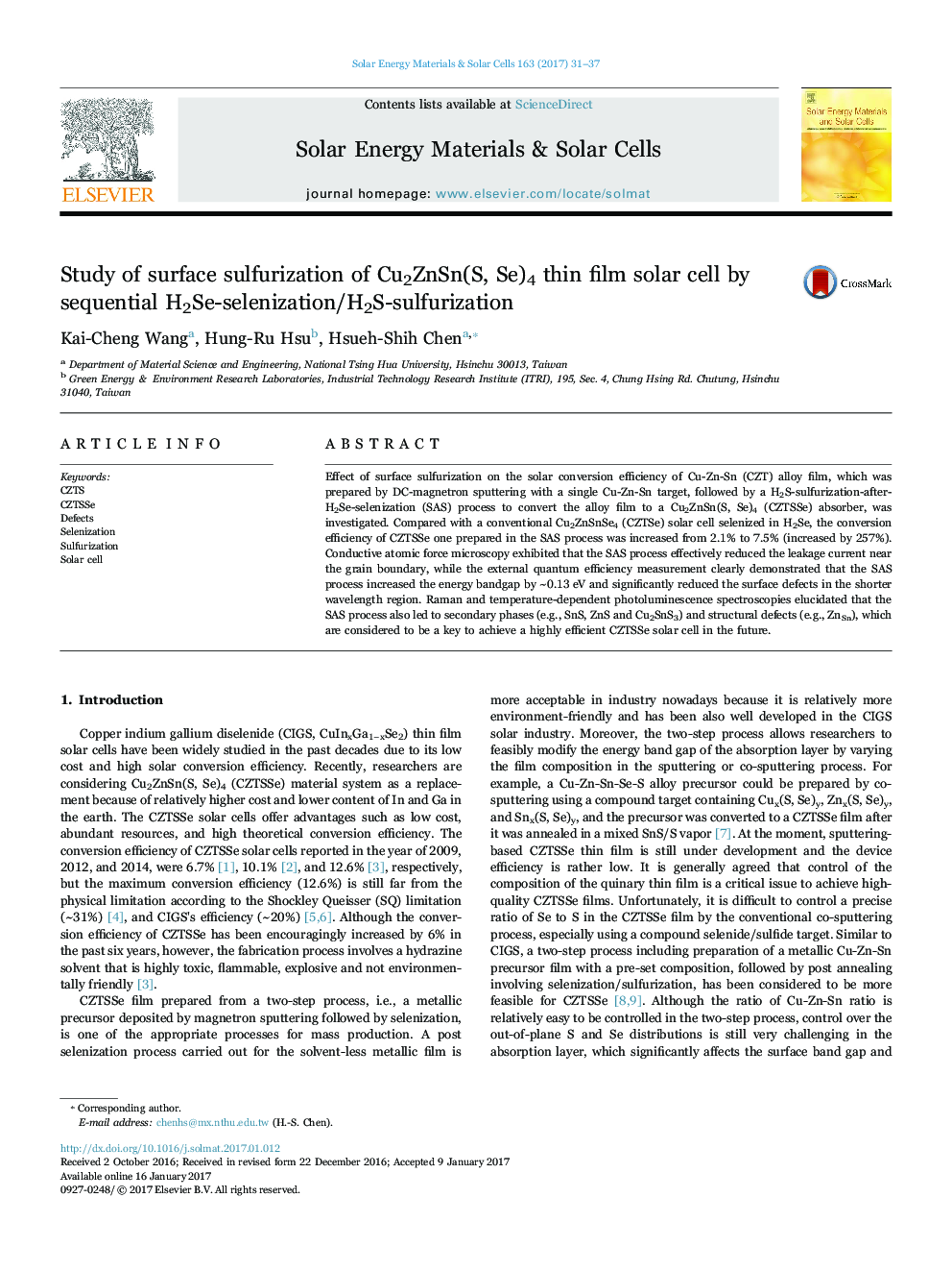 Study of surface sulfurization of Cu2ZnSn(S, Se)4 thin film solar cell by sequential H2Se-selenization/H2S-sulfurization