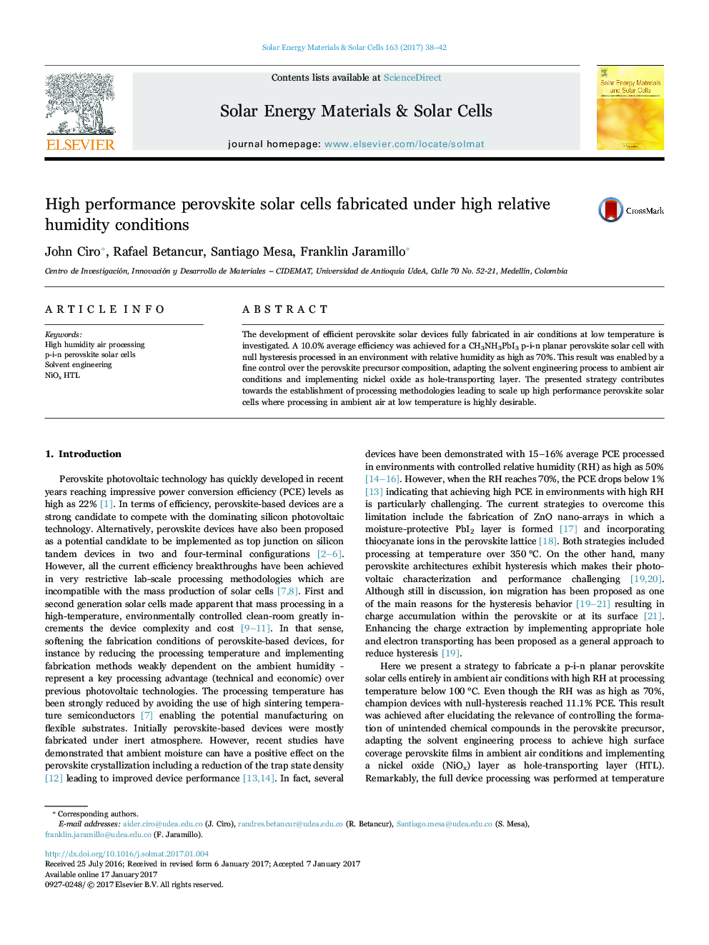 High performance perovskite solar cells fabricated under high relative humidity conditions