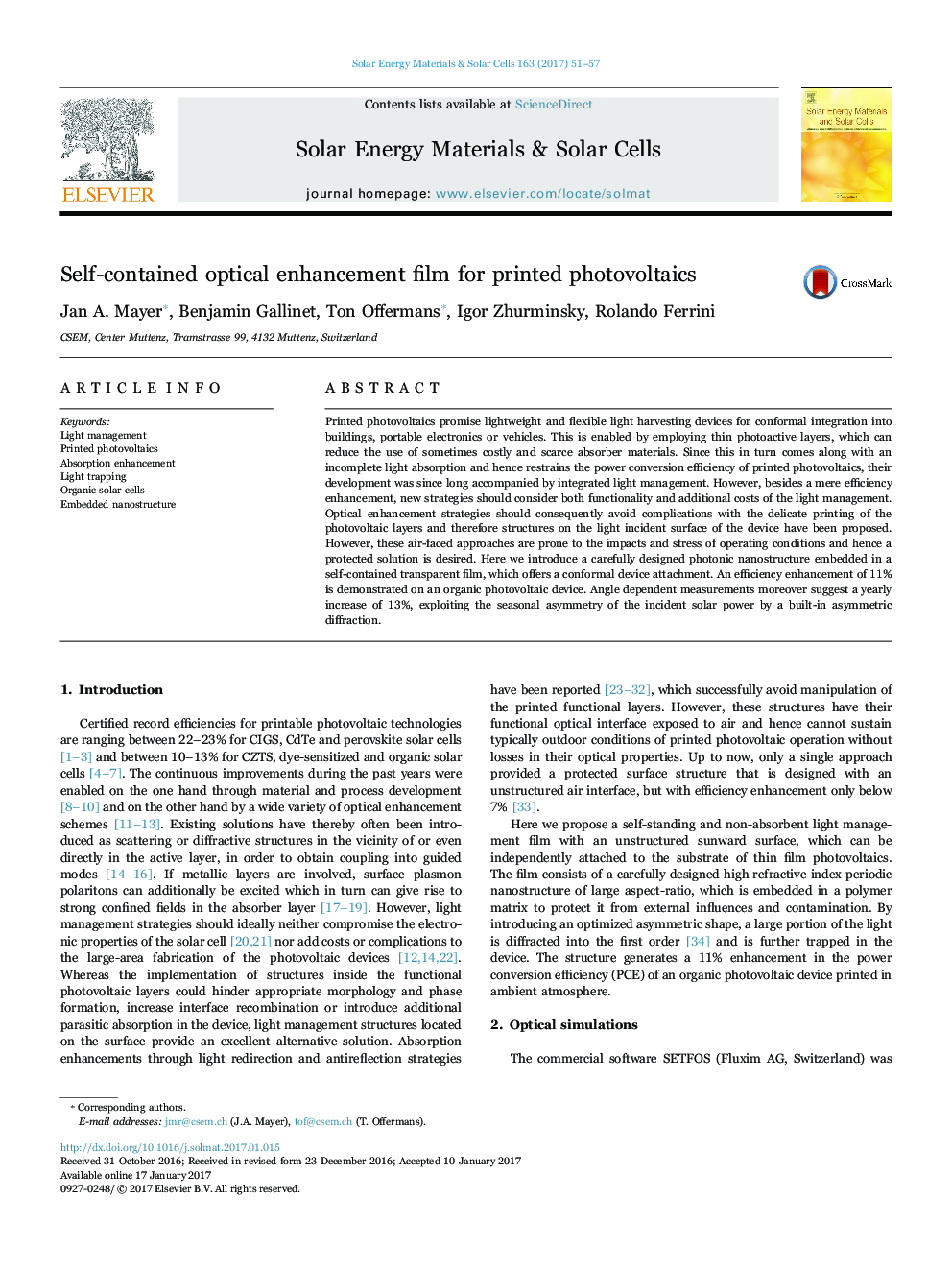 Self-contained optical enhancement film for printed photovoltaics