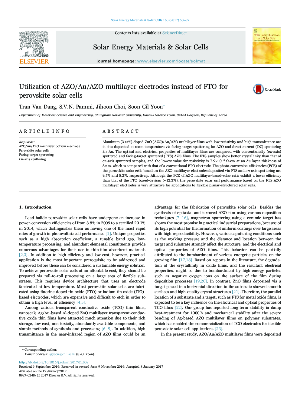 Utilization of AZO/Au/AZO multilayer electrodes instead of FTO for perovskite solar cells