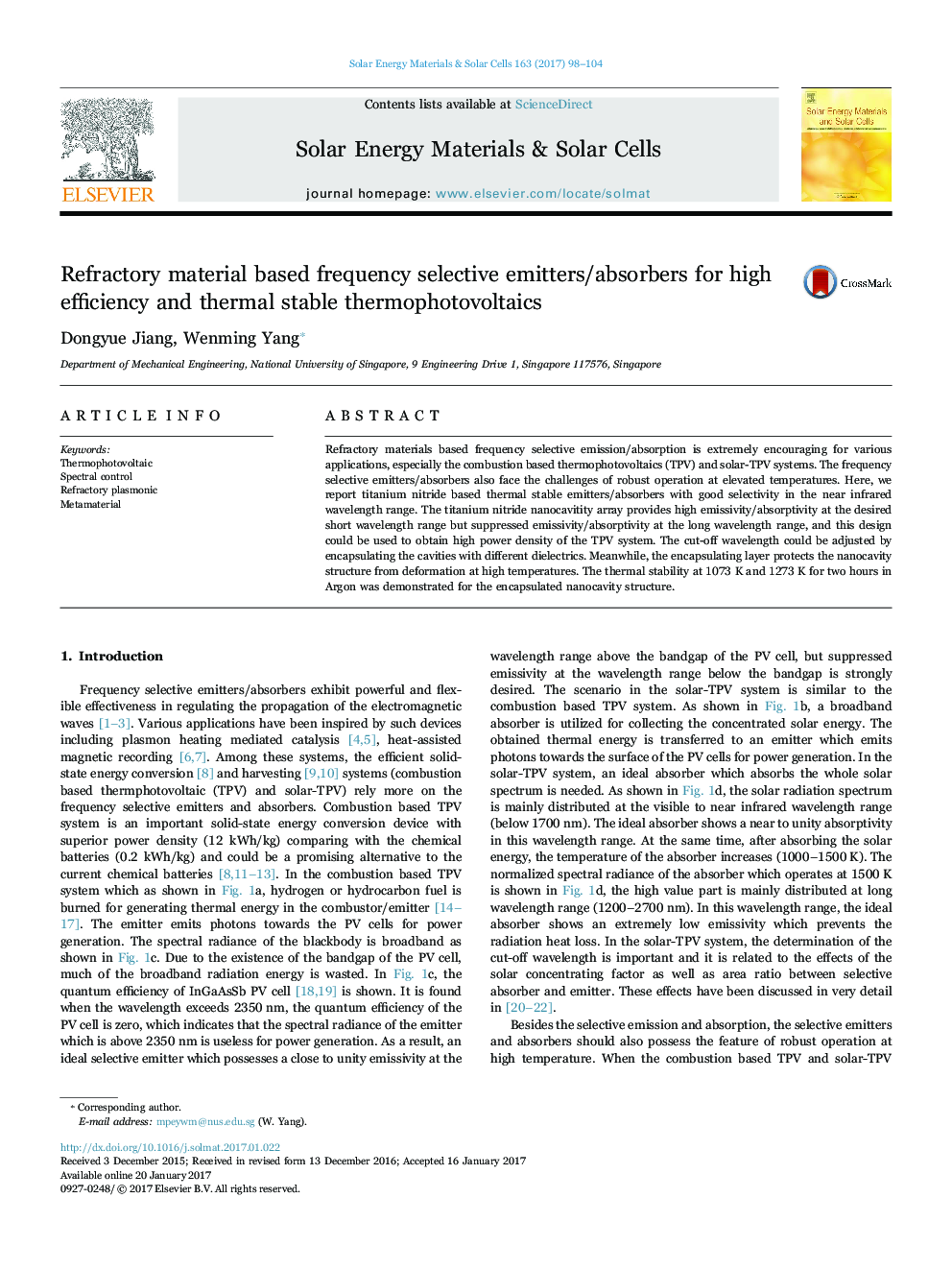 Refractory material based frequency selective emitters/absorbers for high efficiency and thermal stable thermophotovoltaics