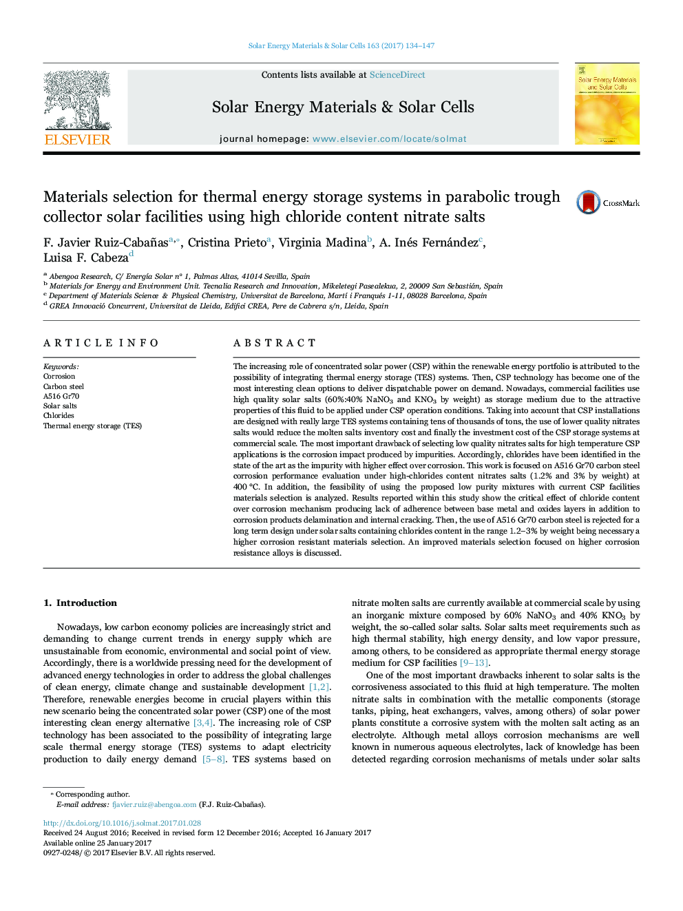 Materials selection for thermal energy storage systems in parabolic trough collector solar facilities using high chloride content nitrate salts