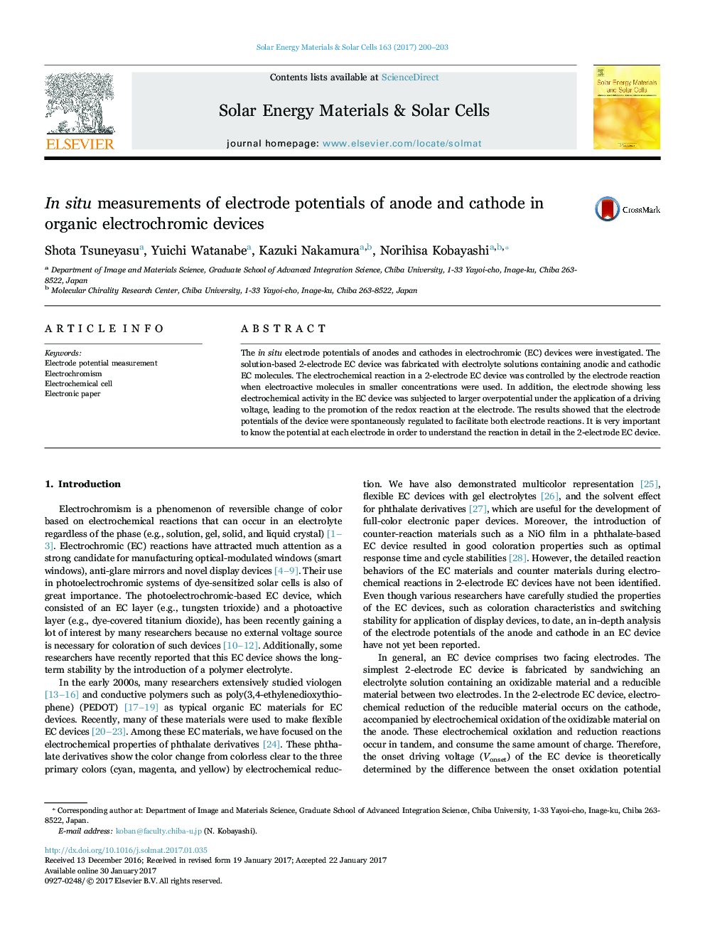 In situ measurements of electrode potentials of anode and cathode in organic electrochromic devices