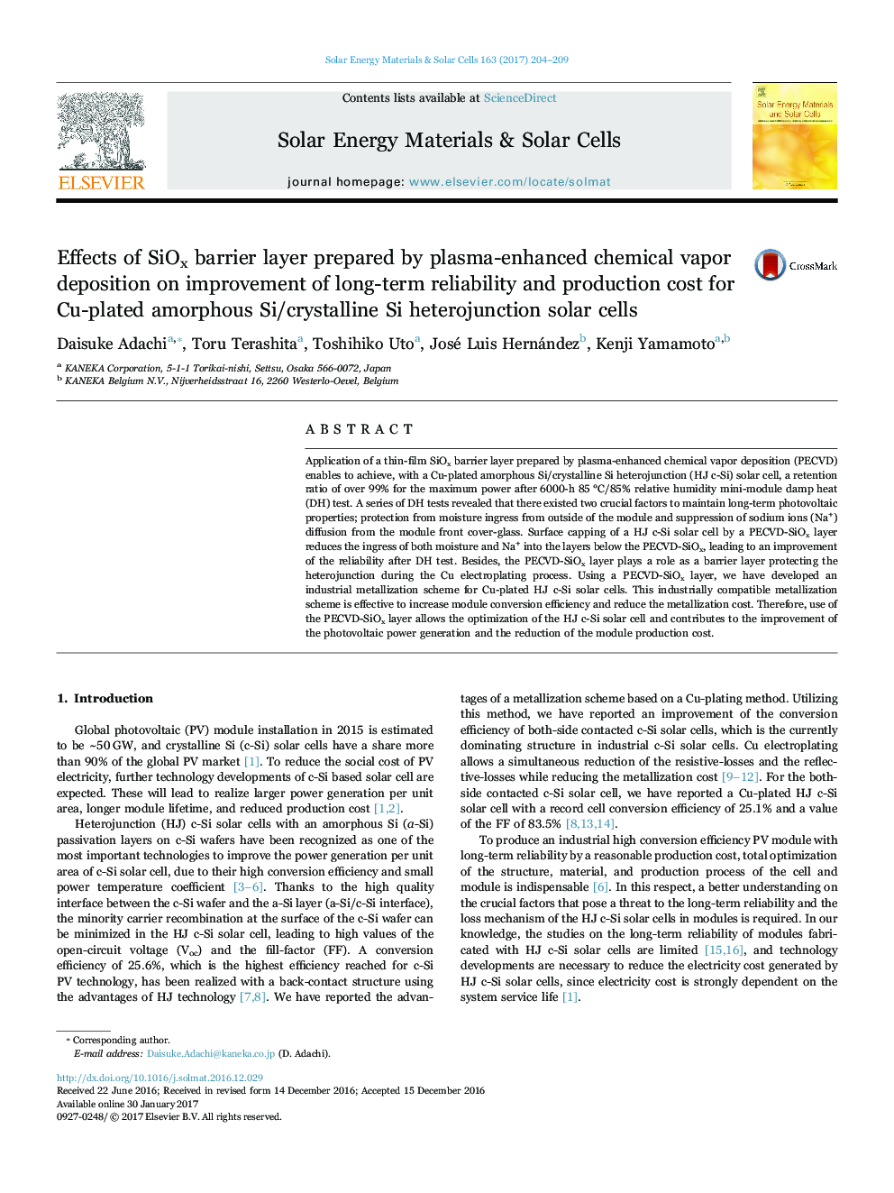 Effects of SiOx barrier layer prepared by plasma-enhanced chemical vapor deposition on improvement of long-term reliability and production cost for Cu-plated amorphous Si/crystalline Si heterojunction solar cells