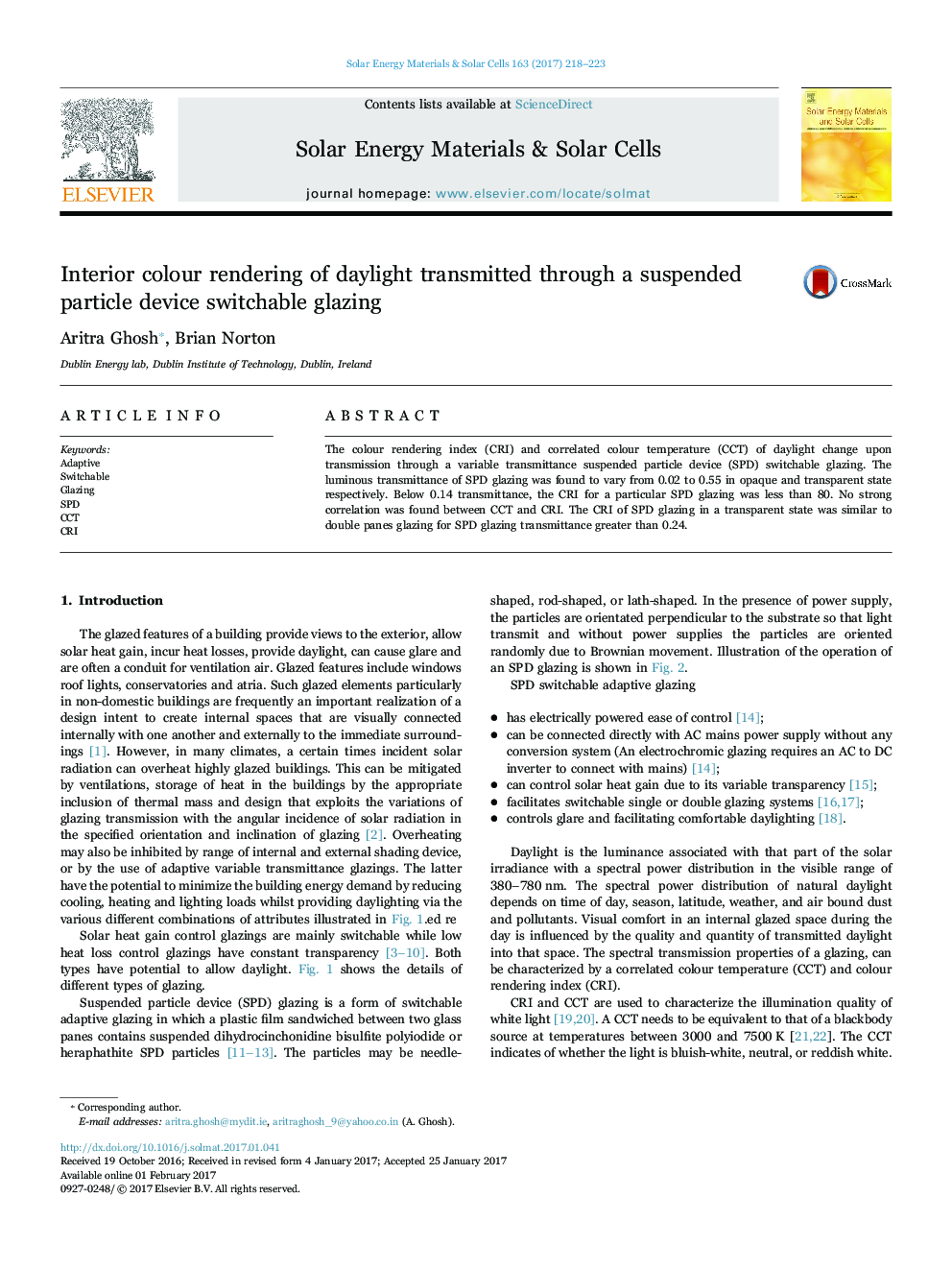 Interior colour rendering of daylight transmitted through a suspended particle device switchable glazing