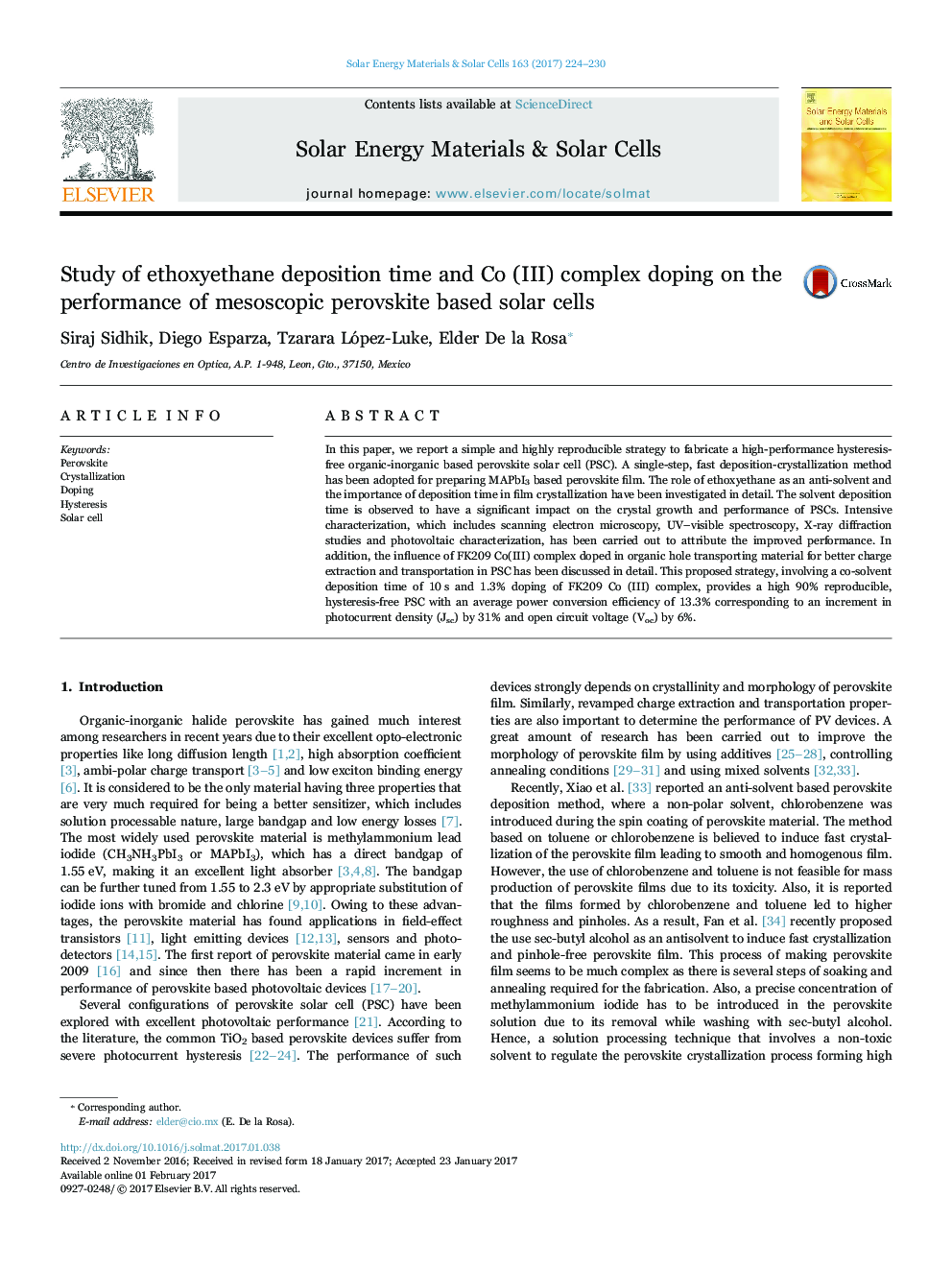 Study of ethoxyethane deposition time and Co (III) complex doping on the performance of mesoscopic perovskite based solar cells