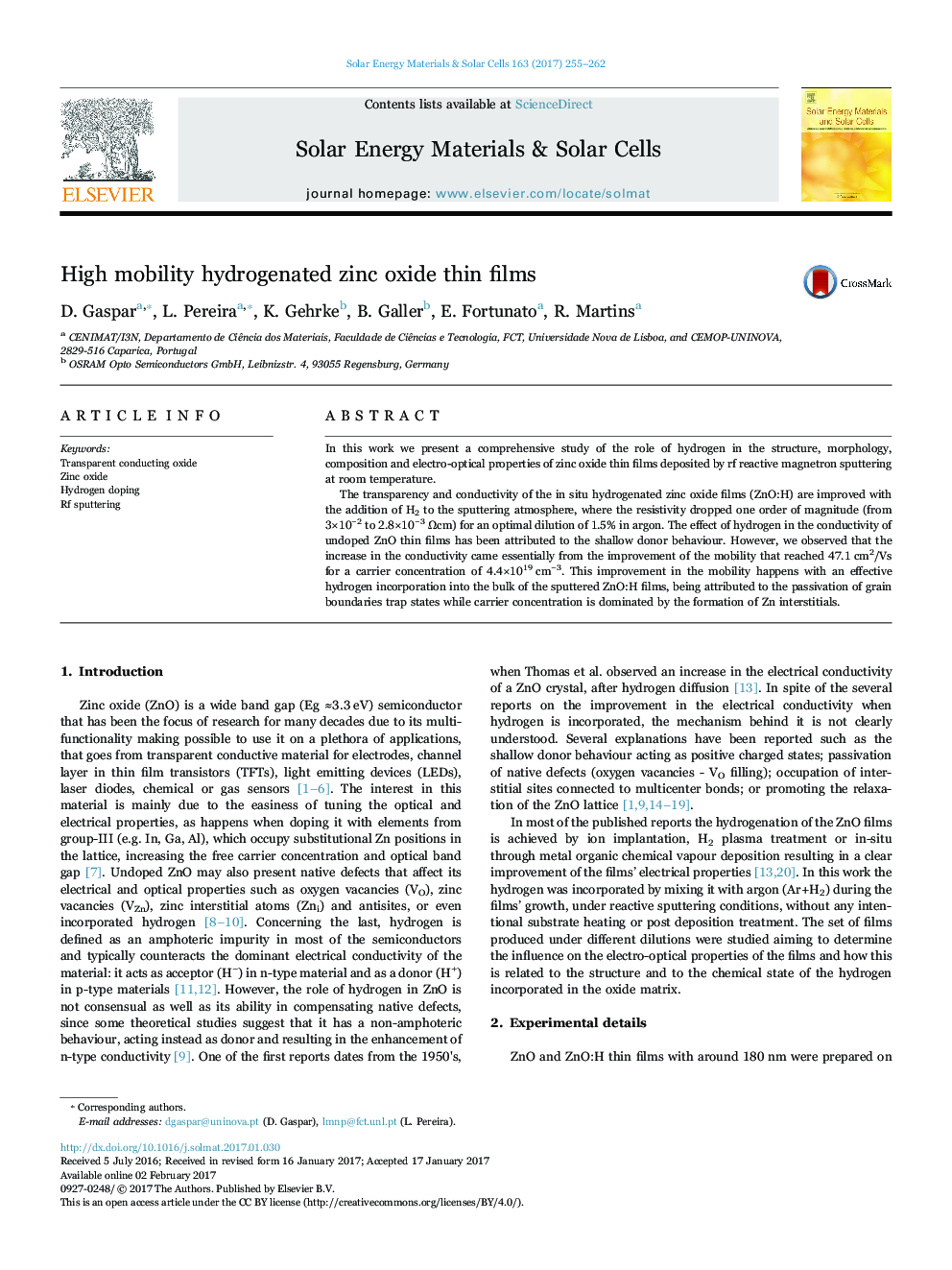 High mobility hydrogenated zinc oxide thin films