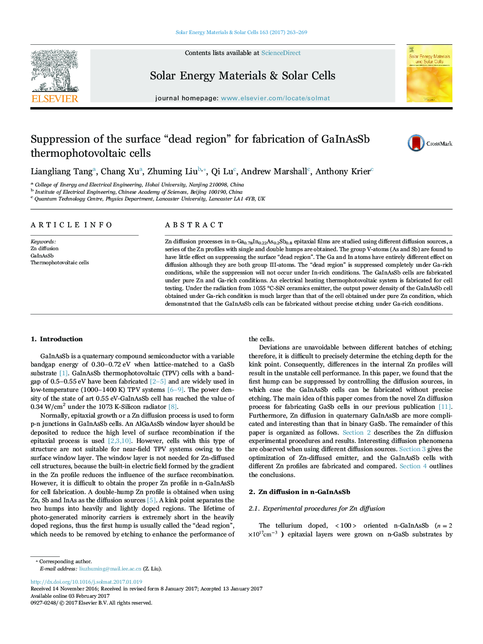 Suppression of the surface “dead region” for fabrication of GaInAsSb thermophotovoltaic cells