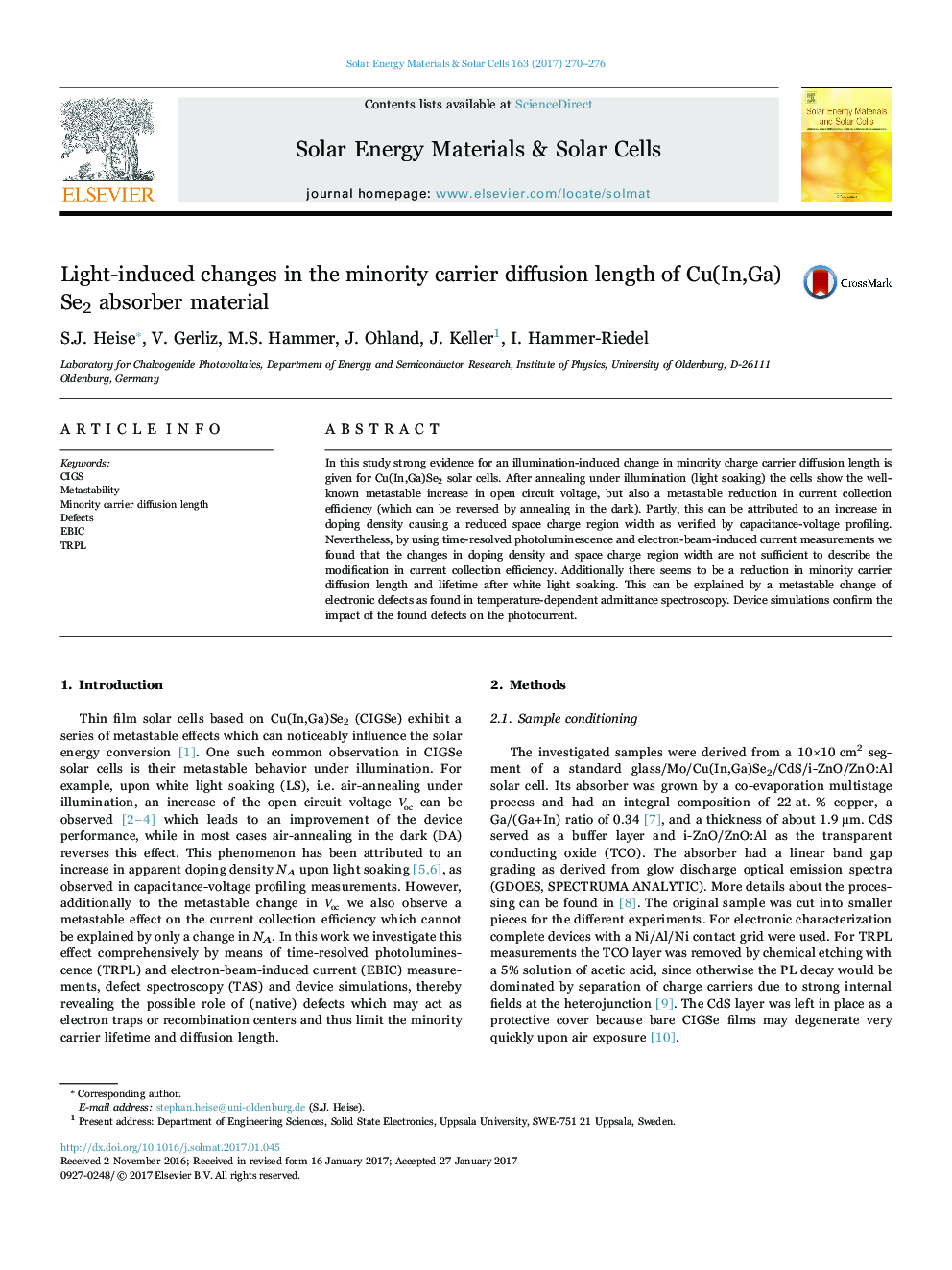 Light-induced changes in the minority carrier diffusion length of Cu(In,Ga)Se2 absorber material