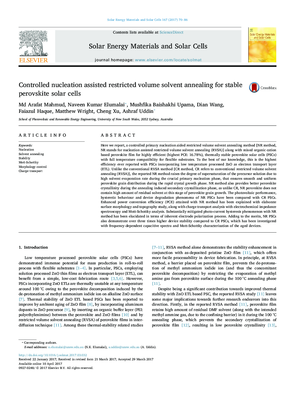 Controlled nucleation assisted restricted volume solvent annealing for stable perovskite solar cells