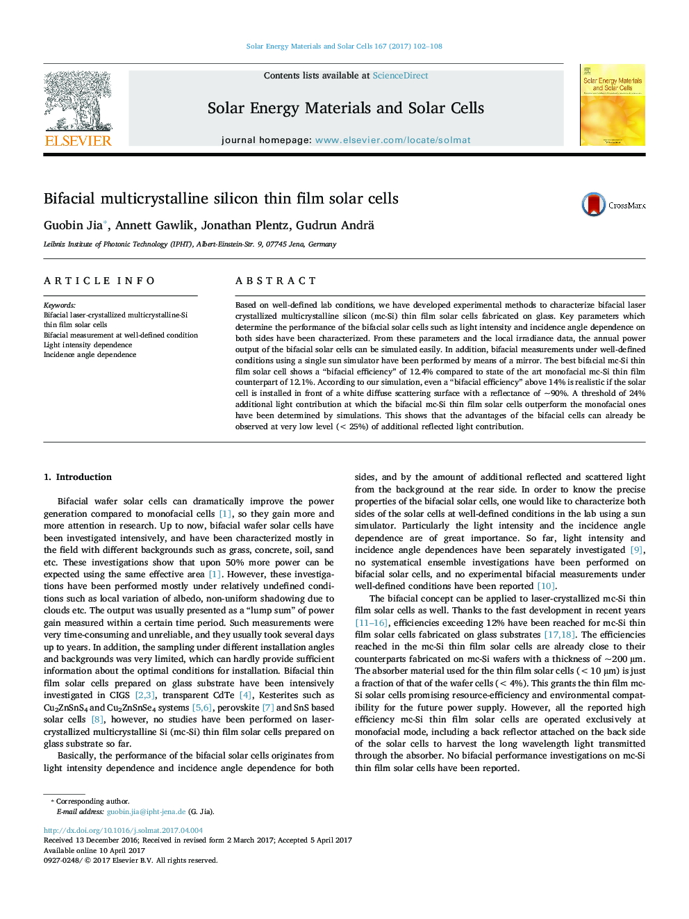 Bifacial multicrystalline silicon thin film solar cells