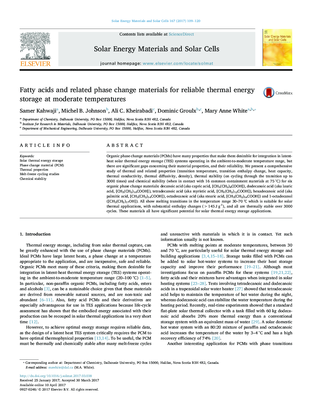 Fatty acids and related phase change materials for reliable thermal energy storage at moderate temperatures