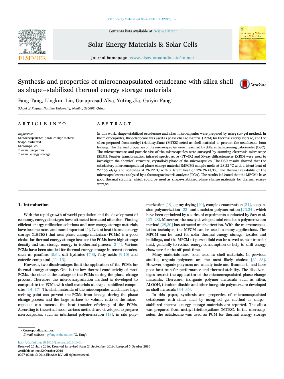 Synthesis and properties of microencapsulated octadecane with silica shell as shape-stabilized thermal energy storage materials