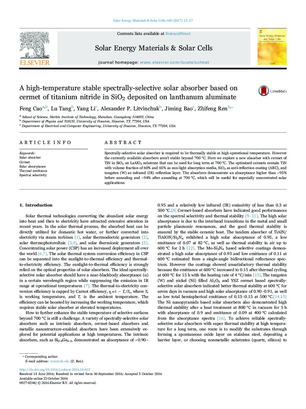 A high-temperature stable spectrally-selective solar absorber based on cermet of titanium nitride in SiO2 deposited on lanthanum aluminate