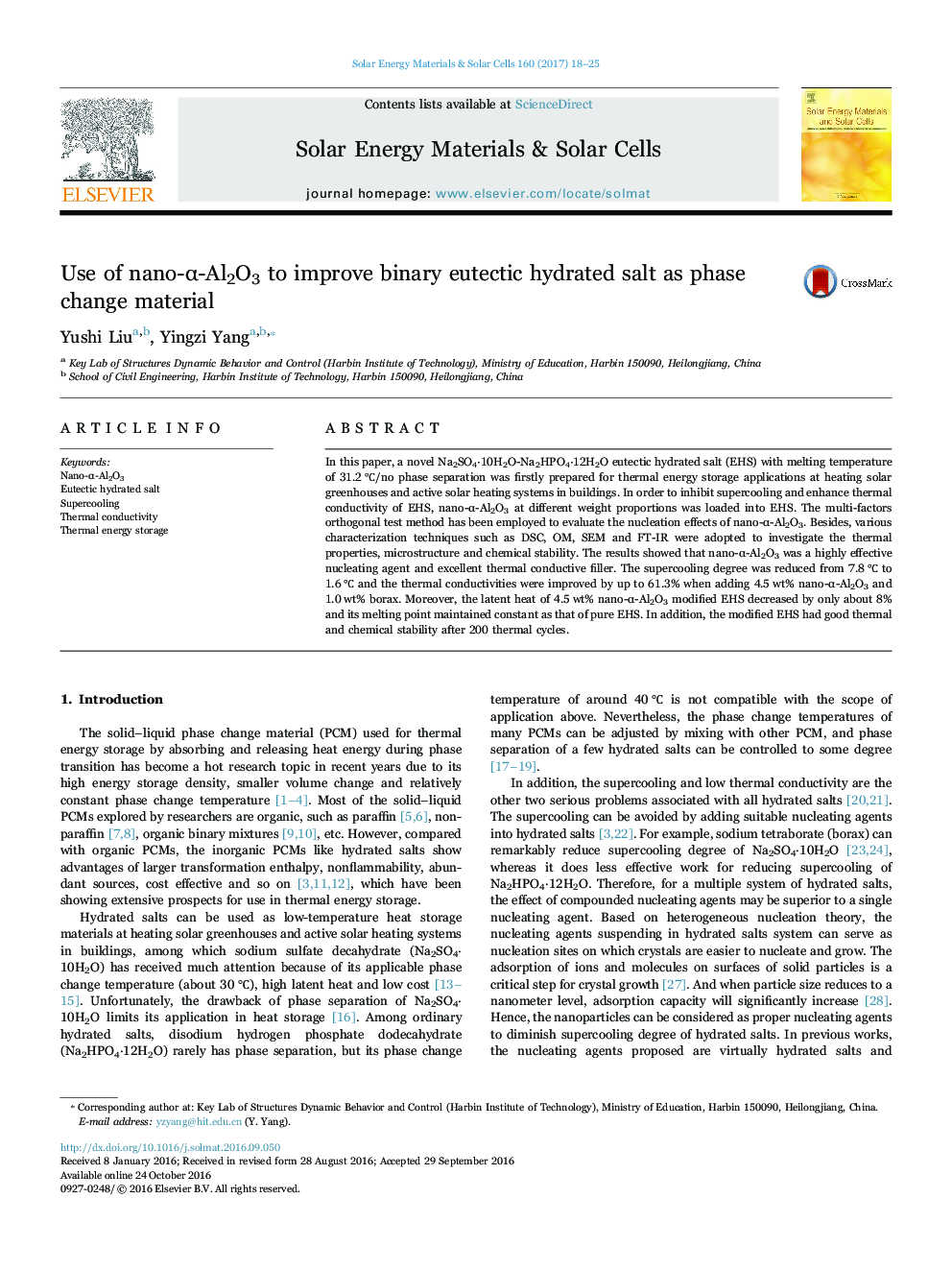 Use of nano-Î±-Al2O3 to improve binary eutectic hydrated salt as phase change material