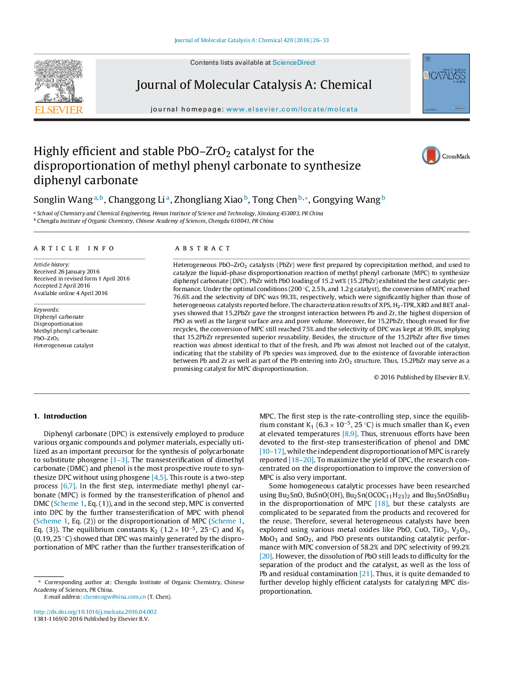 Highly efficient and stable PbO–ZrO2 catalyst for the disproportionation of methyl phenyl carbonate to synthesize diphenyl carbonate