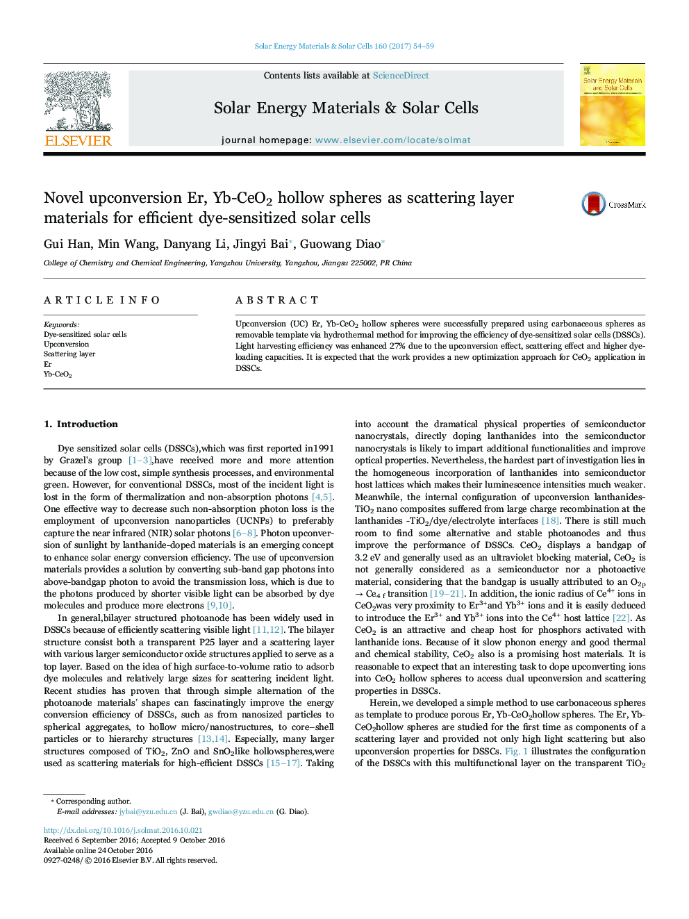 Novel upconversion Er, Yb-CeO2 hollow spheres as scattering layer materials for efficient dye-sensitized solar cells