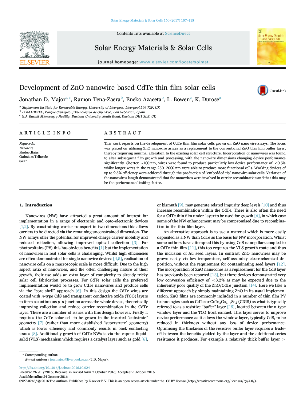 Development of ZnO nanowire based CdTe thin film solar cells