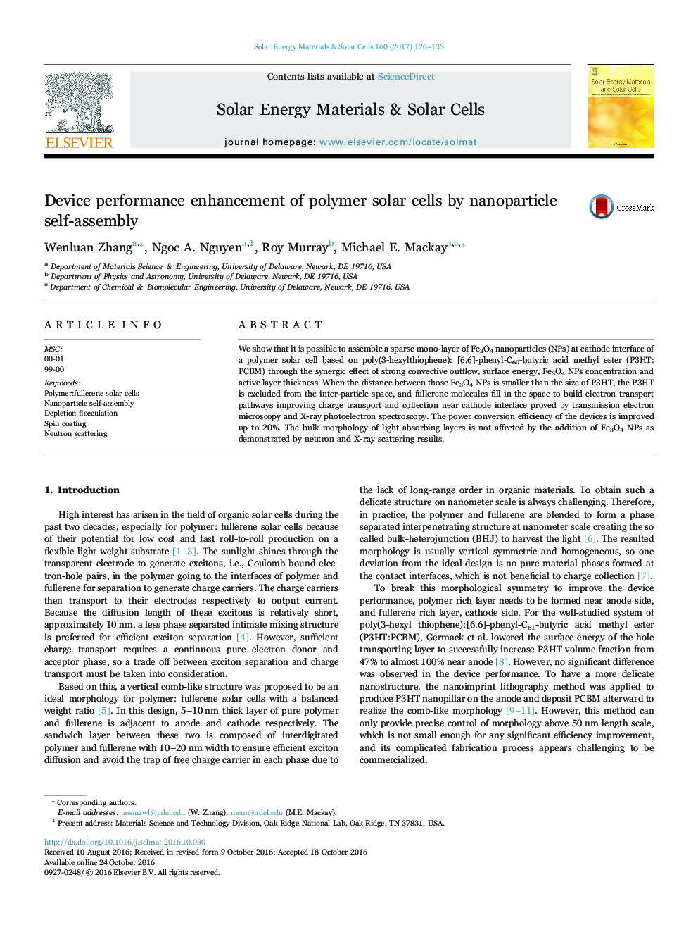 Device performance enhancement of polymer solar cells by nanoparticle self-assembly