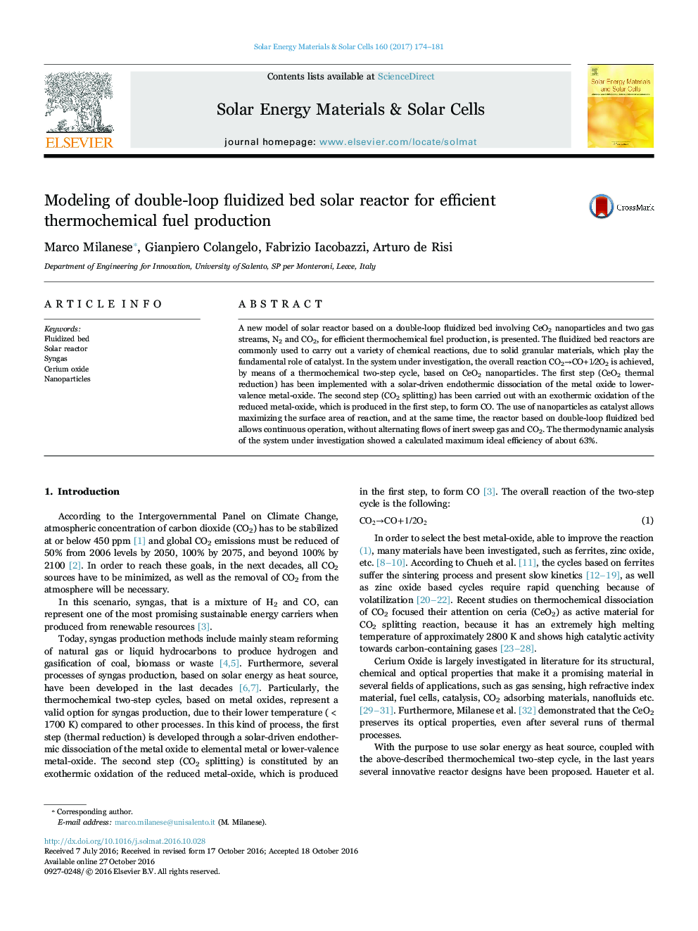 Modeling of double-loop fluidized bed solar reactor for efficient thermochemical fuel production