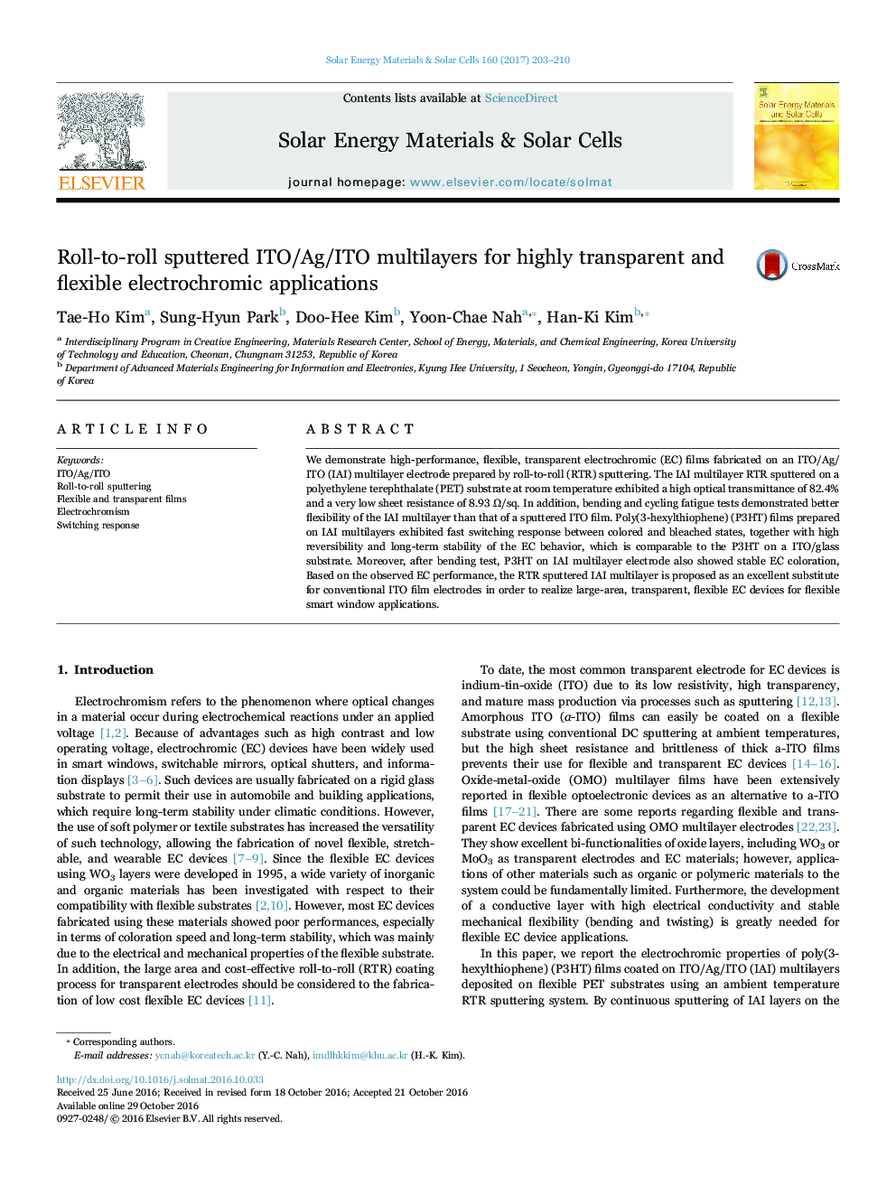 Roll-to-roll sputtered ITO/Ag/ITO multilayers for highly transparent and flexible electrochromic applications