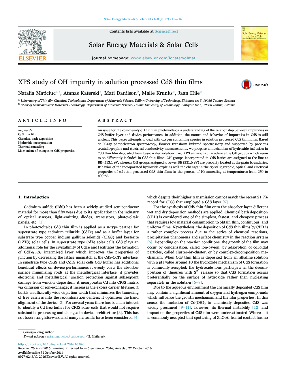 XPS study of OH impurity in solution processed CdS thin films