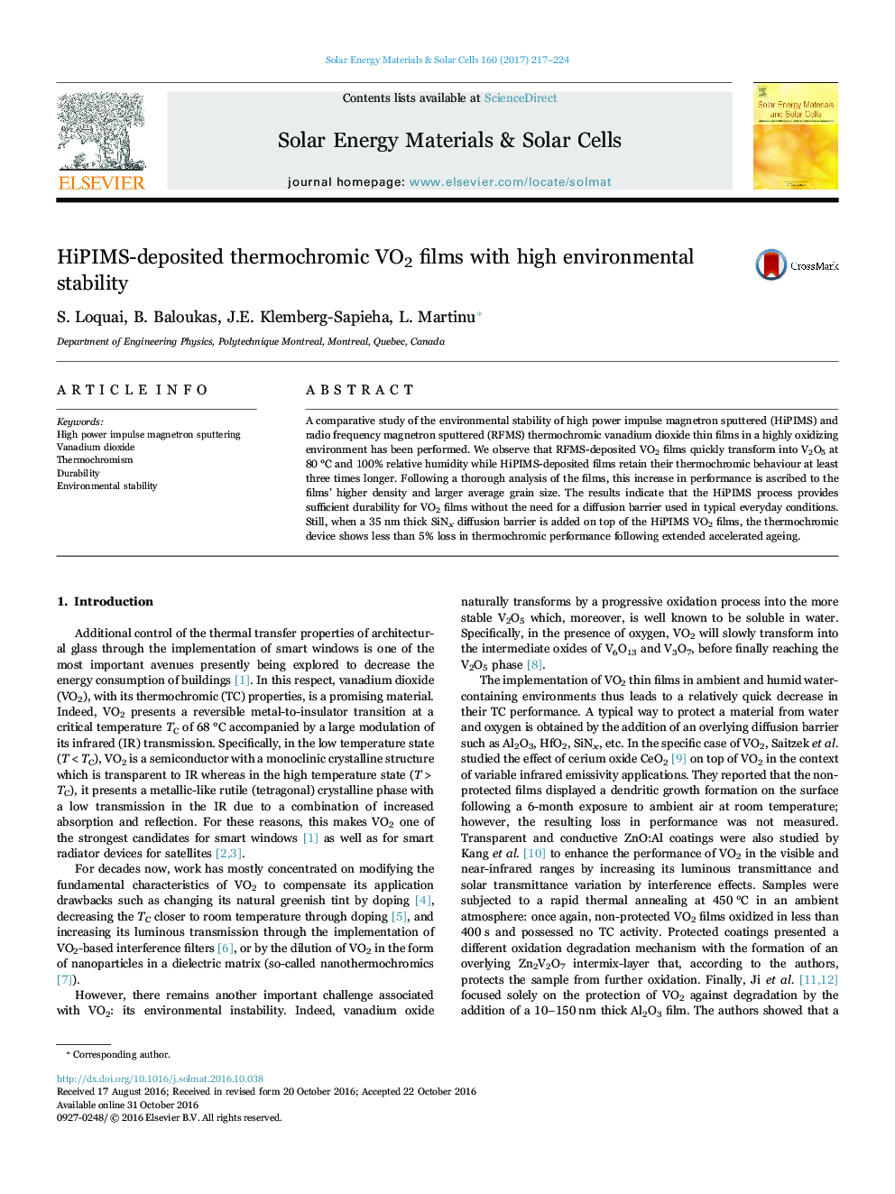 HiPIMS-deposited thermochromic VO2 films with high environmental stability