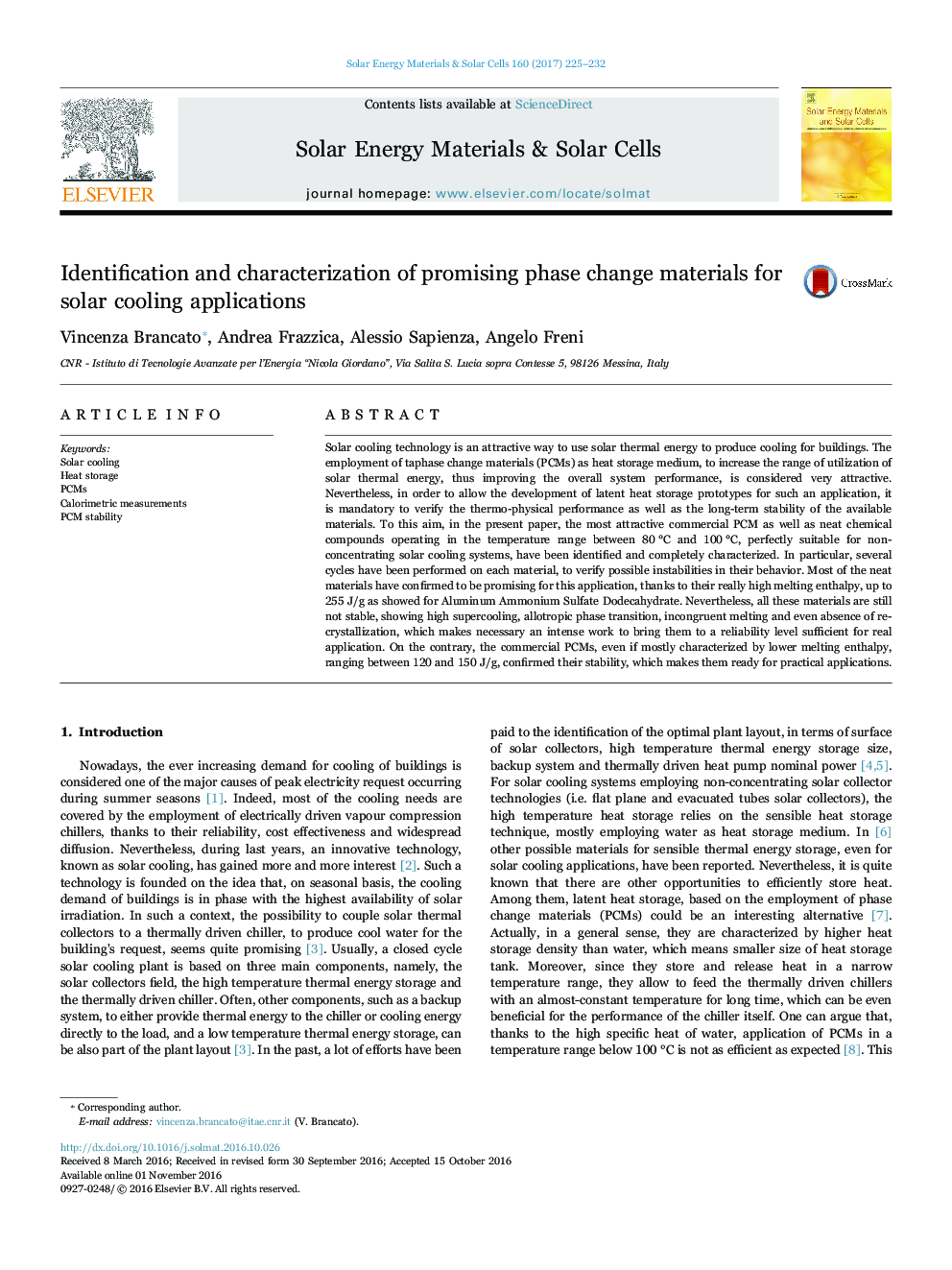 Identification and characterization of promising phase change materials for solar cooling applications