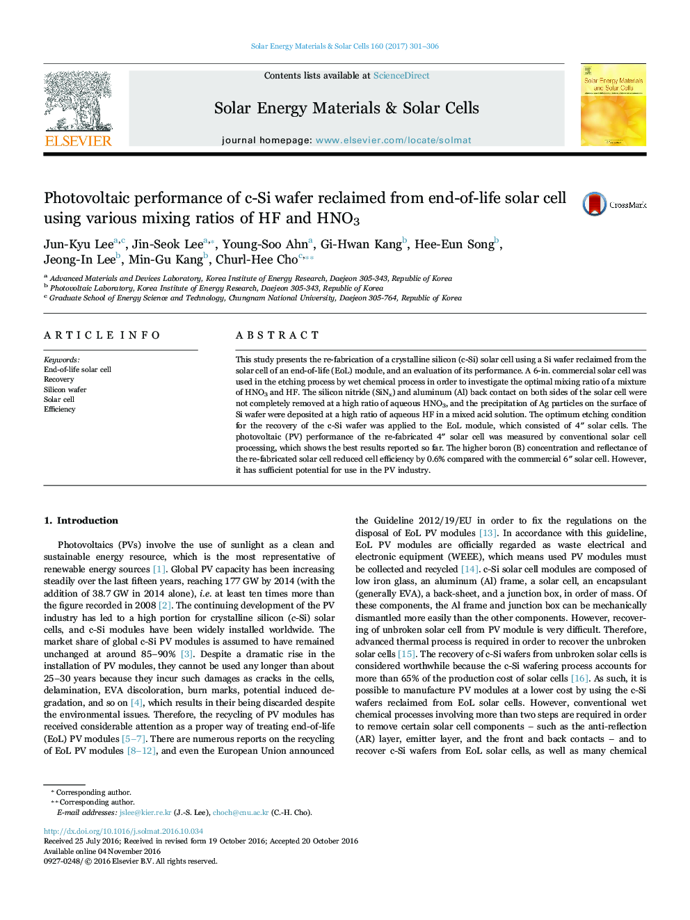 Photovoltaic performance of c-Si wafer reclaimed from end-of-life solar cell using various mixing ratios of HF and HNO3