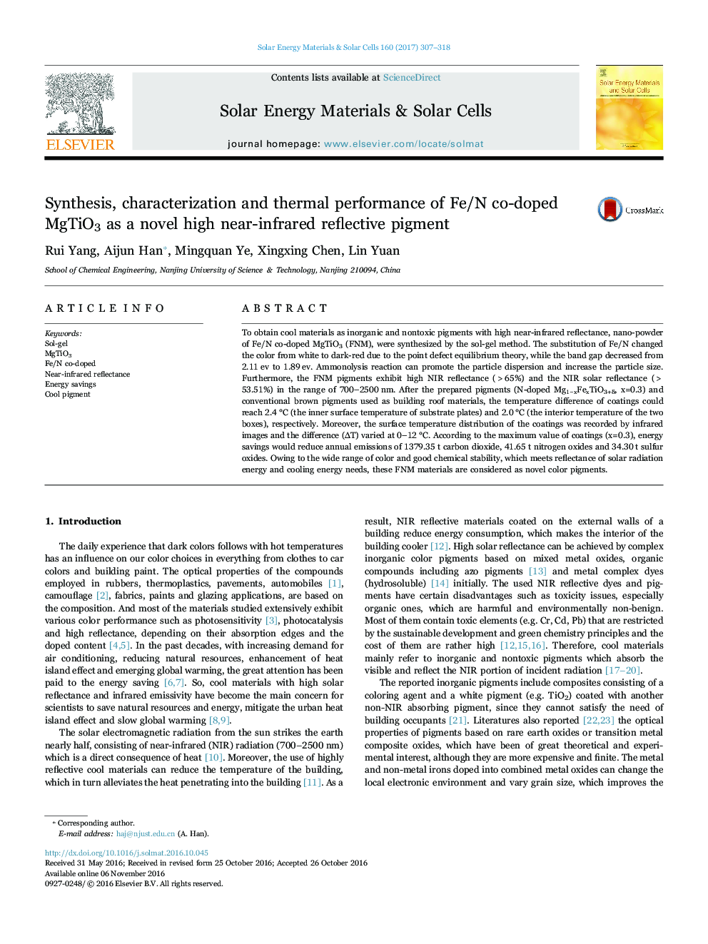 Synthesis, characterization and thermal performance of Fe/N co-doped MgTiO3 as a novel high near-infrared reflective pigment