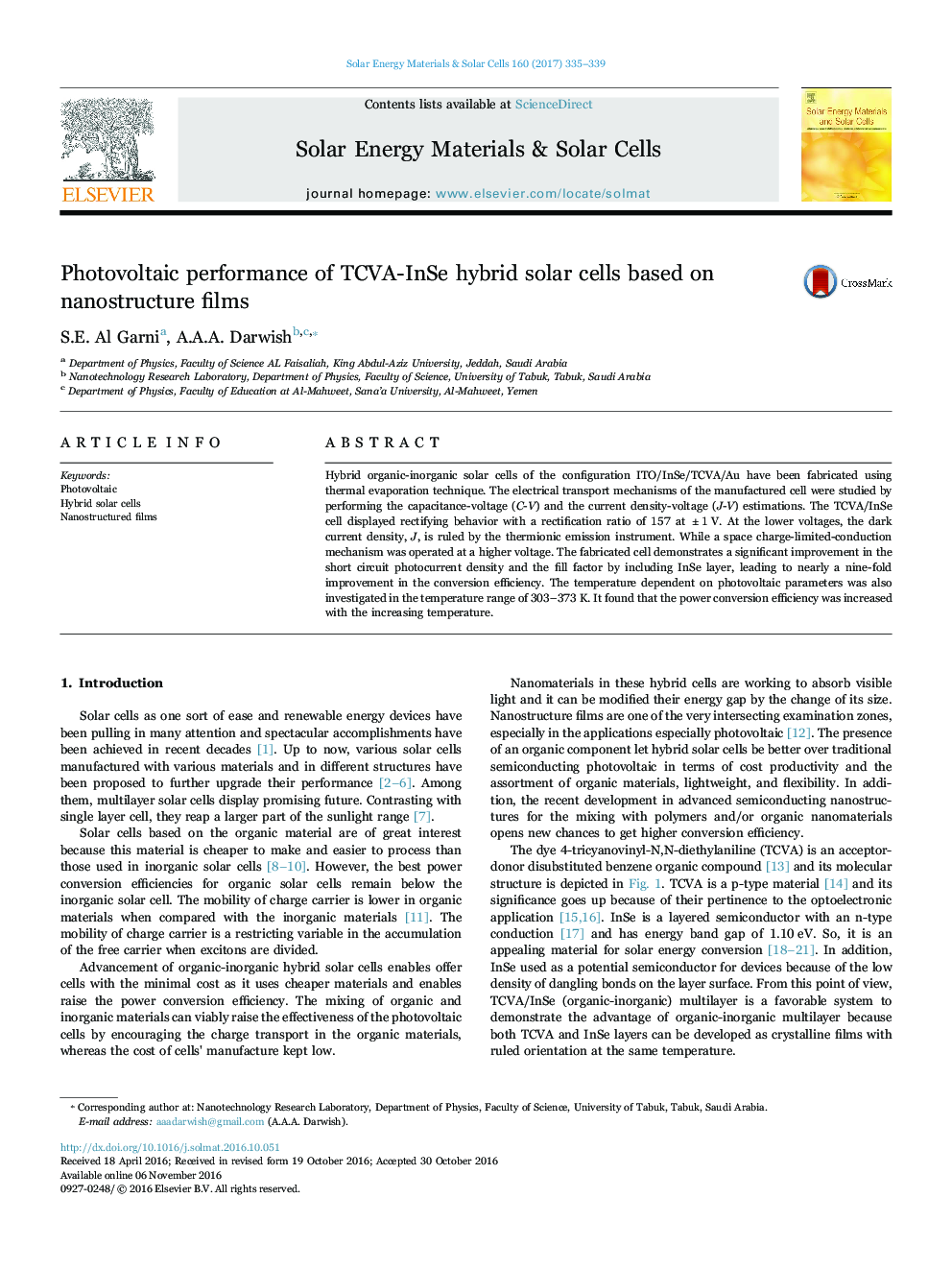 Photovoltaic performance of TCVA-InSe hybrid solar cells based on nanostructure films