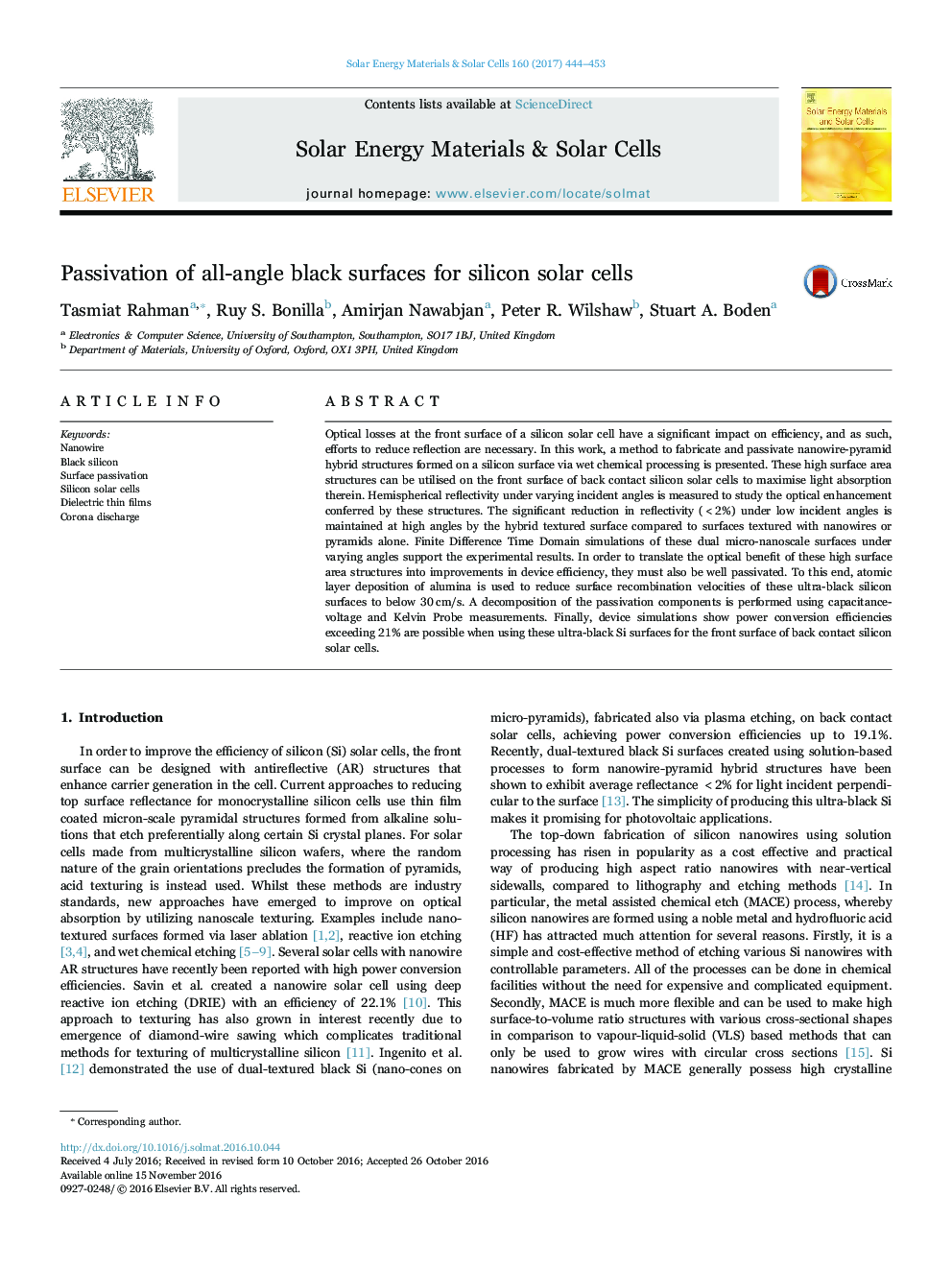 Passivation of all-angle black surfaces for silicon solar cells