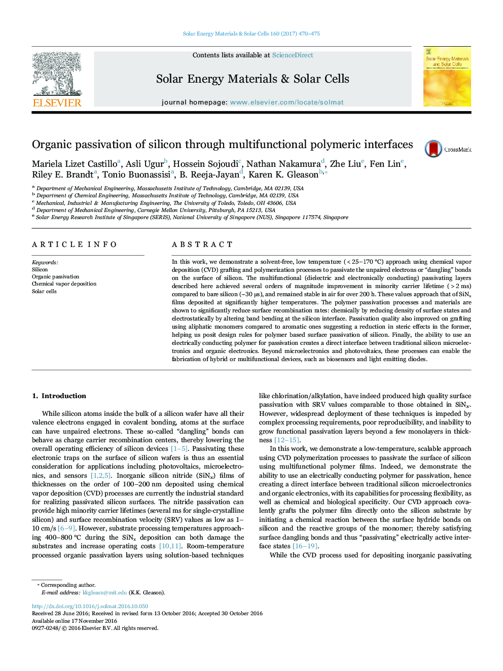 Organic passivation of silicon through multifunctional polymeric interfaces