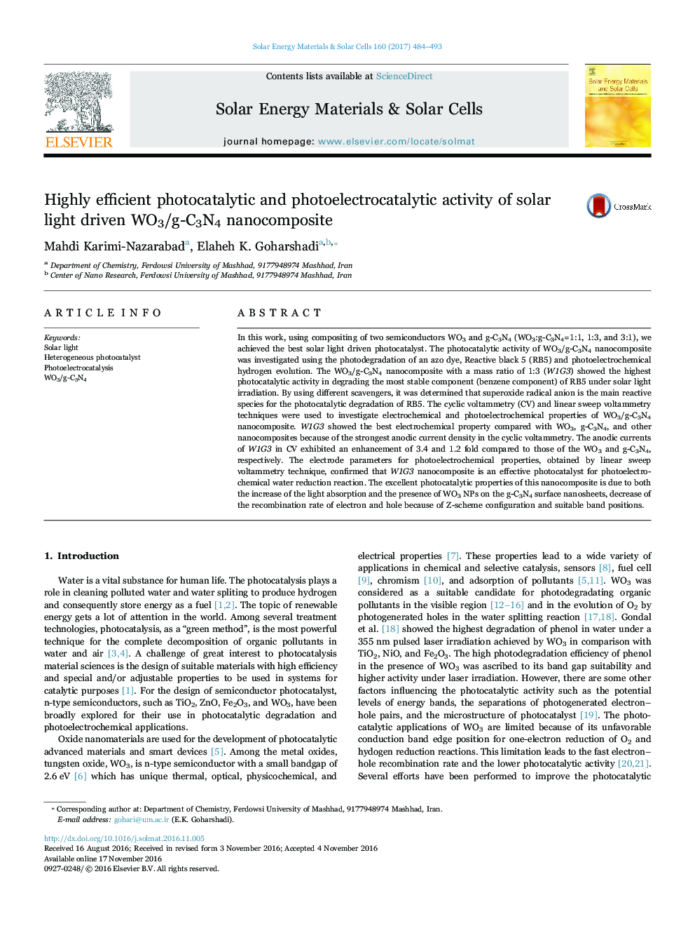 Highly efficient photocatalytic and photoelectrocatalytic activity of solar light driven WO3/g-C3N4 nanocomposite