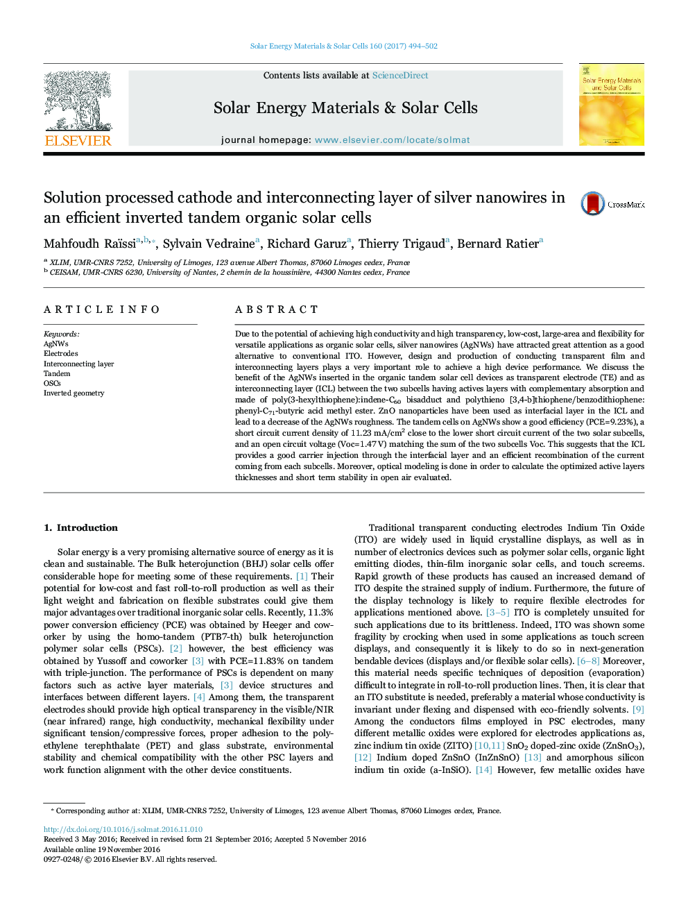 Solution processed cathode and interconnecting layer of silver nanowires in an efficient inverted tandem organic solar cells