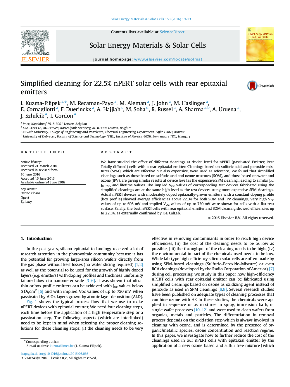 Simplified cleaning for 22.5% nPERT solar cells with rear epitaxial emitters