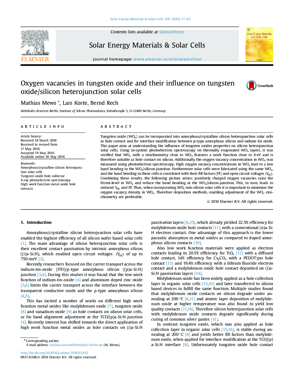 Oxygen vacancies in tungsten oxide and their influence on tungsten oxide/silicon heterojunction solar cells