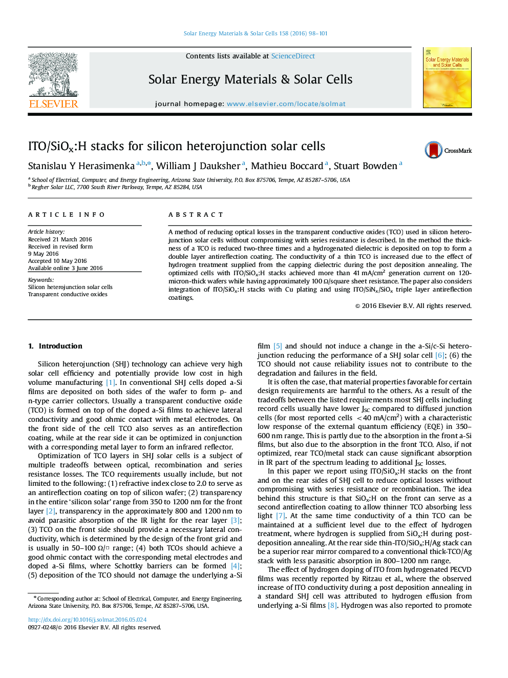 ITO/SiOx:H stacks for silicon heterojunction solar cells