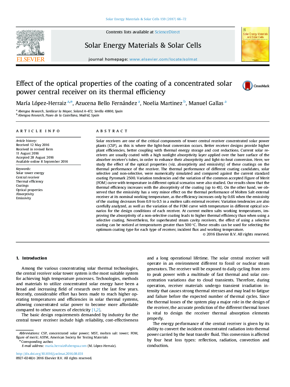 Effect of the optical properties of the coating of a concentrated solar power central receiver on its thermal efficiency