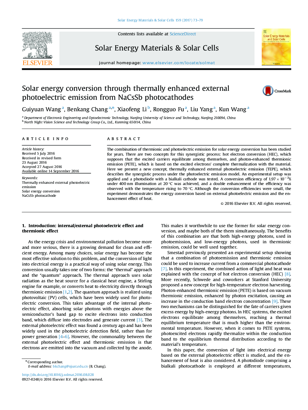 Solar energy conversion through thermally enhanced external photoelectric emission from NaCsSb photocathodes