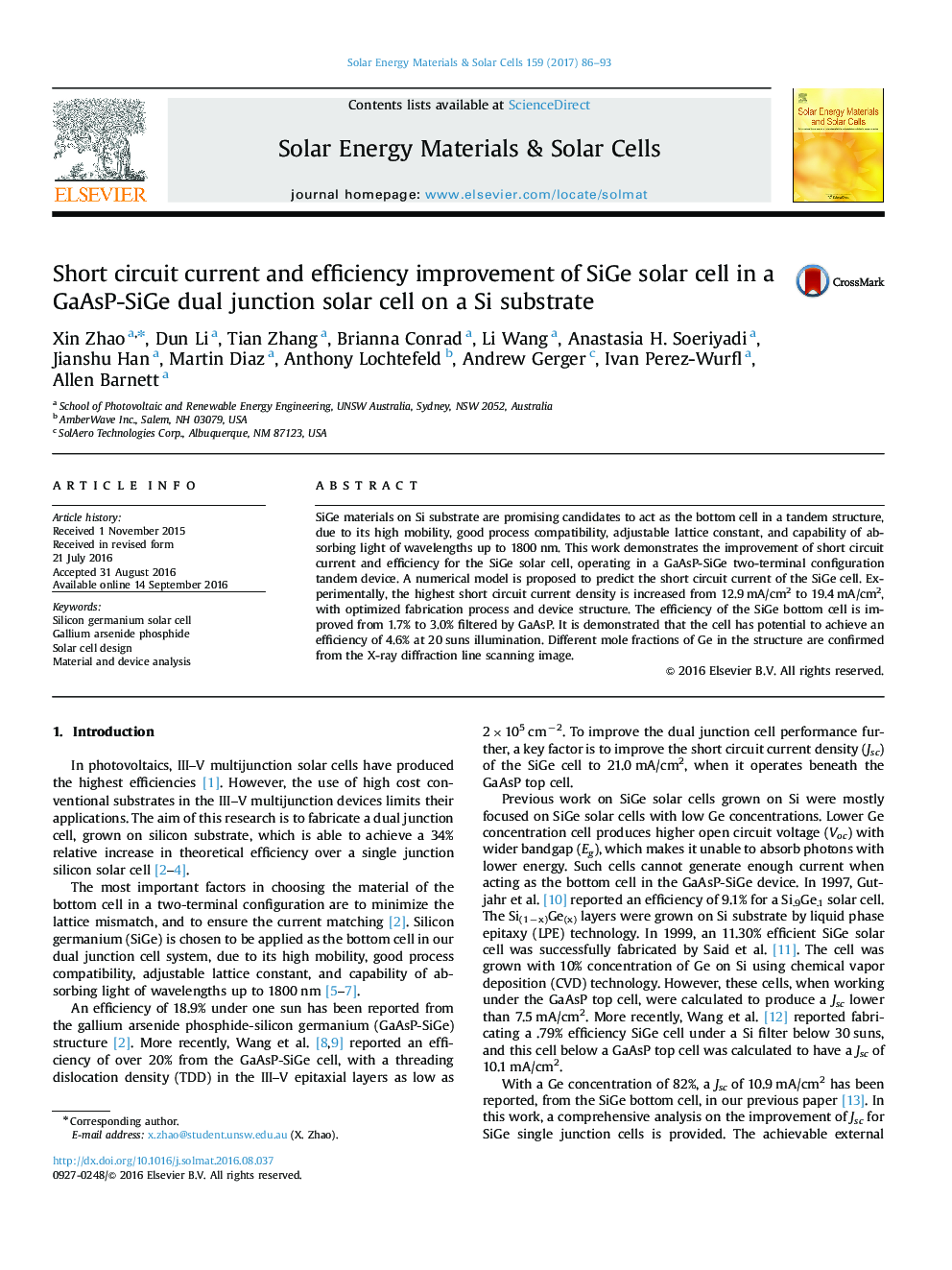 Short circuit current and efficiency improvement of SiGe solar cell in a GaAsP-SiGe dual junction solar cell on a Si substrate