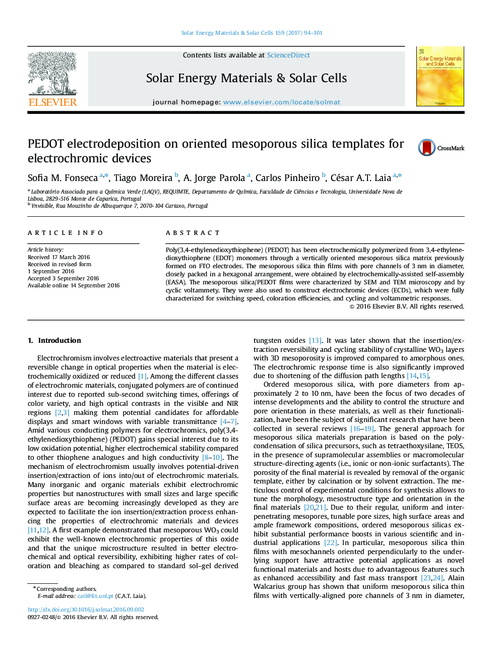 PEDOT electrodeposition on oriented mesoporous silica templates for electrochromic devices