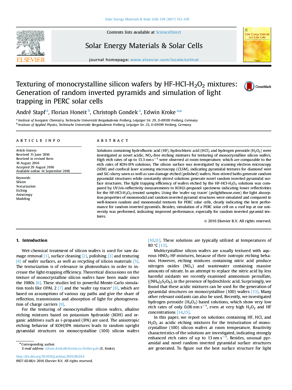 Texturing of monocrystalline silicon wafers by HF-HCl-H2O2 mixtures: Generation of random inverted pyramids and simulation of light trapping in PERC solar cells