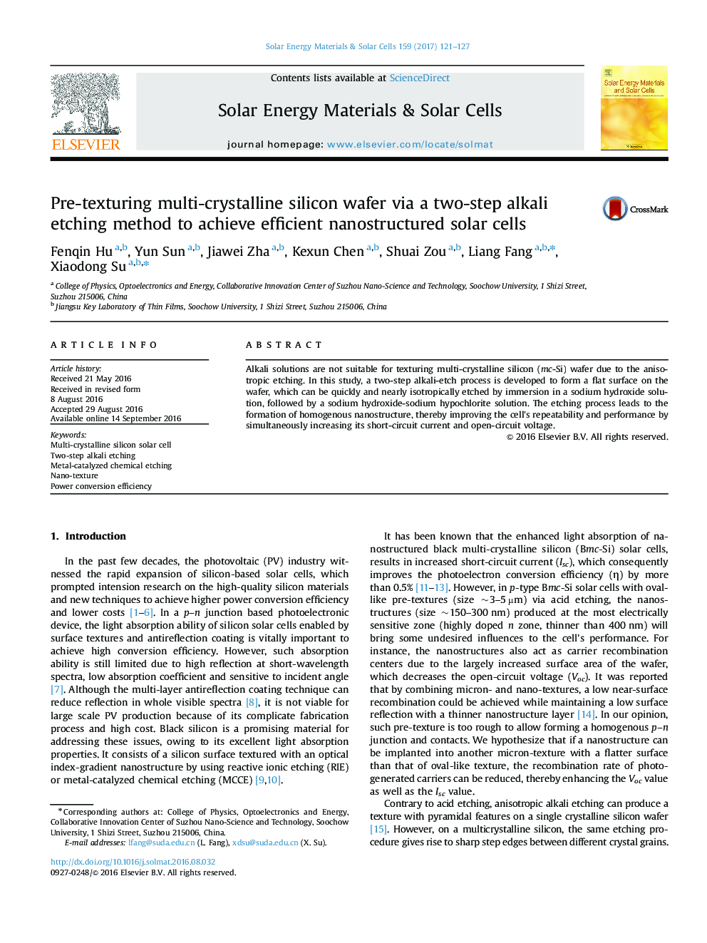 Pre-texturing multi-crystalline silicon wafer via a two-step alkali etching method to achieve efficient nanostructured solar cells