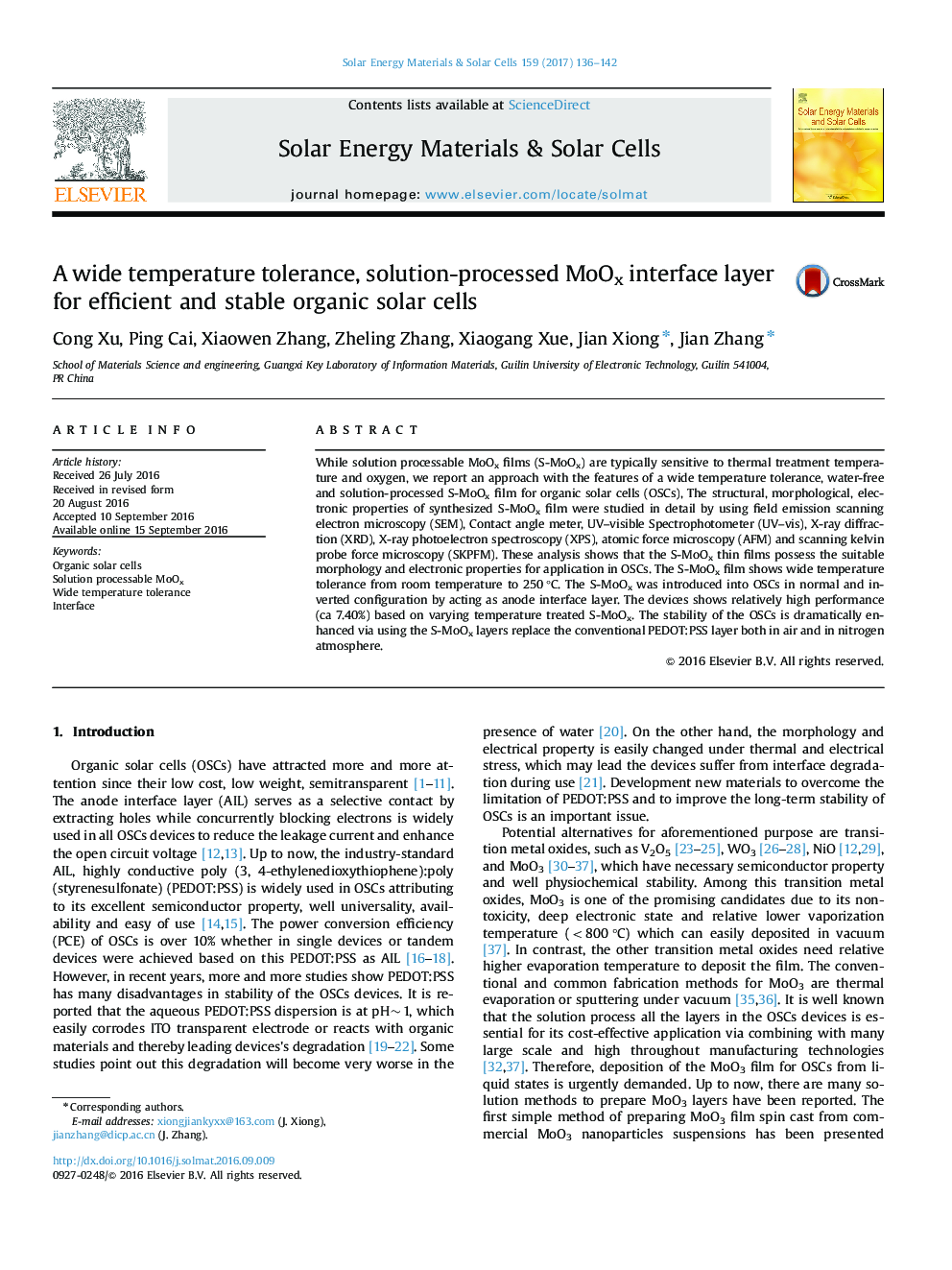 A wide temperature tolerance, solution-processed MoOx interface layer for efficient and stable organic solar cells