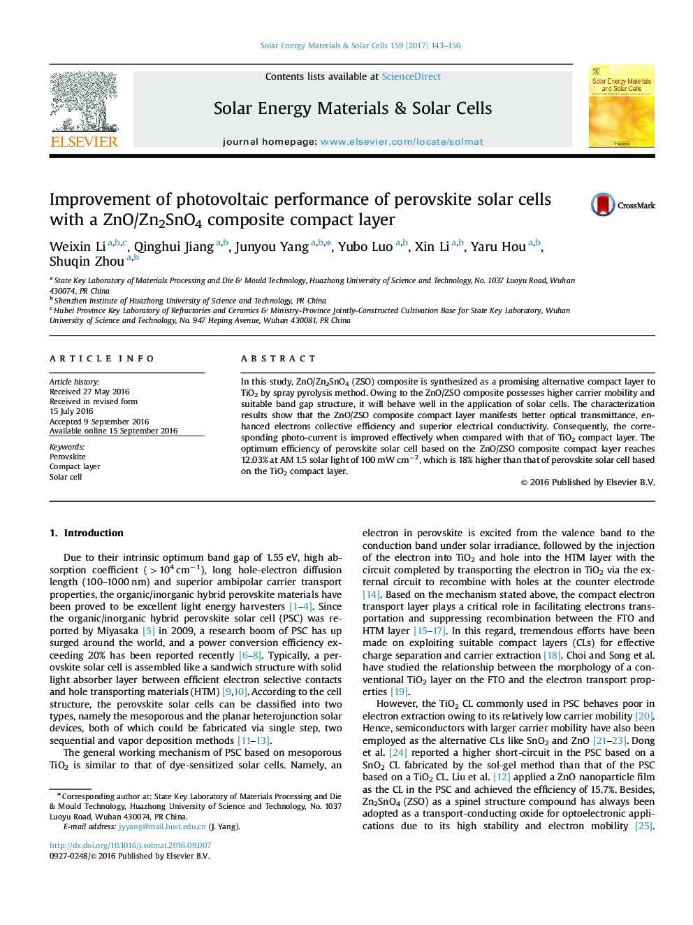 Improvement of photovoltaic performance of perovskite solar cells with a ZnO/Zn2SnO4 composite compact layer