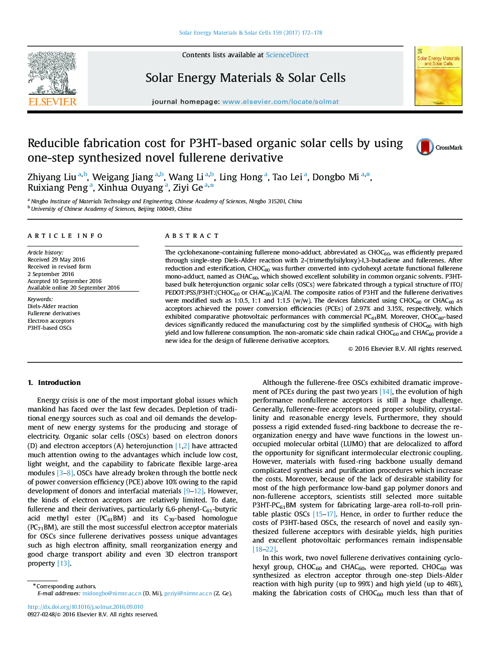 Reducible fabrication cost for P3HT-based organic solar cells by using one-step synthesized novel fullerene derivative