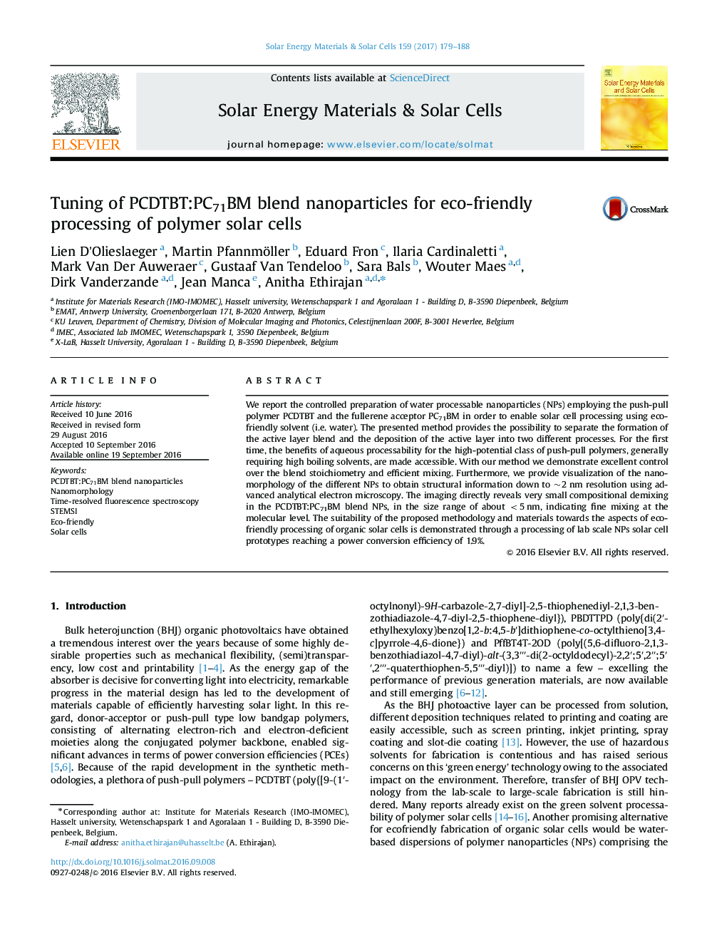 Tuning of PCDTBT:PC71BM blend nanoparticles for eco-friendly processing of polymer solar cells